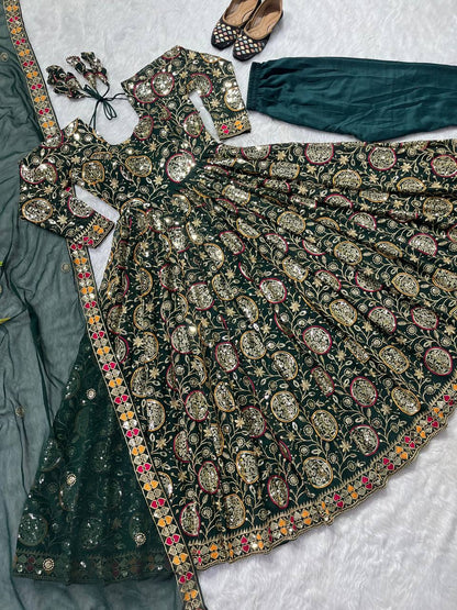 Heavy Work Green Festive Wear Anarkali Gown