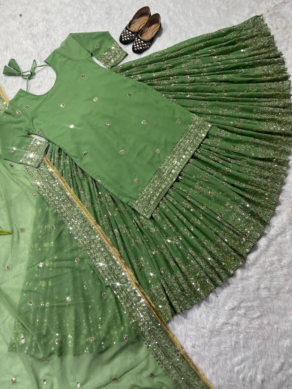 Embellished Green Sequence Work Top With Lehenga