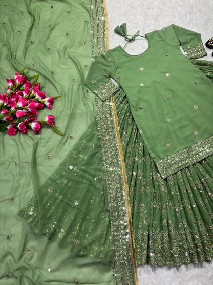 Embellished Green Sequence Work Top With Lehenga