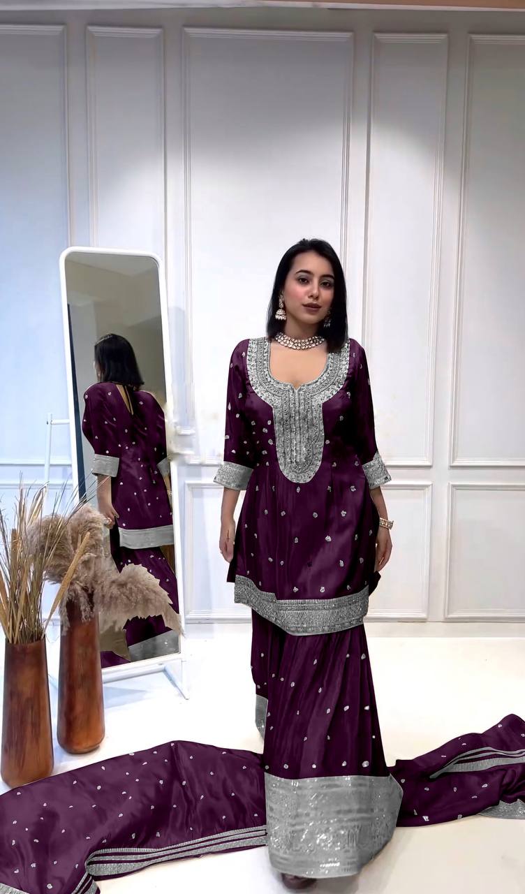 Designer Purple Color Embroidery Work Sharara Suit