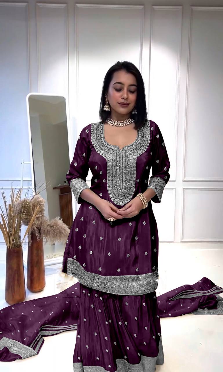 Designer Purple Color Embroidery Work Sharara Suit