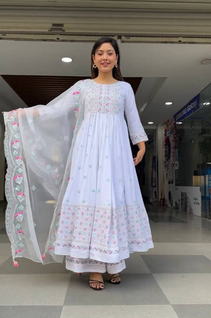 Fabulous Thread Work White Color Anarkali Suit With Palazzo