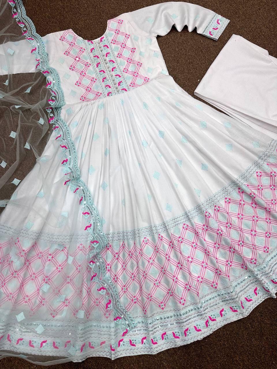 Fabulous Thread Work White Color Anarkali Suit With Palazzo