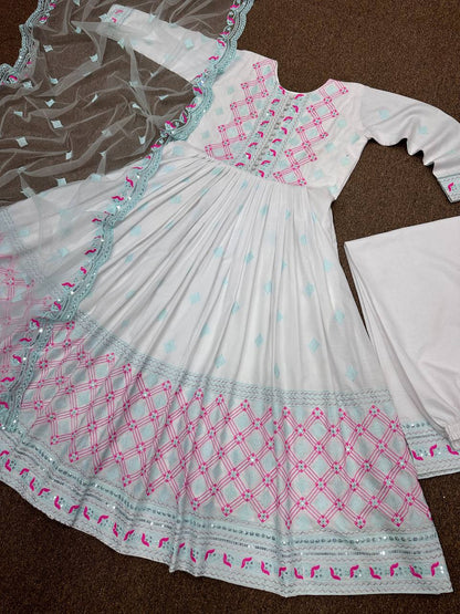 Fabulous Thread Work White Color Anarkali Suit With Palazzo