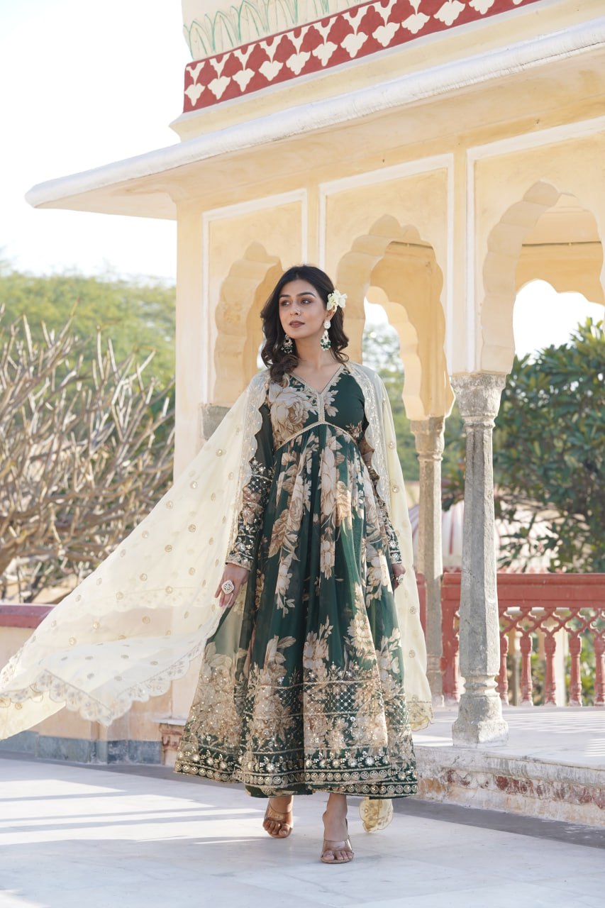 Stylish Digital Print With Embroidery Zari Green Anarkali Gown