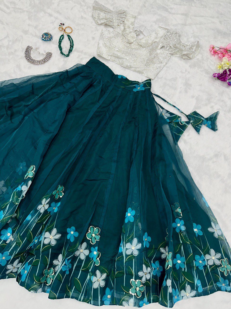 Organza Floral Printed Teal Blue Lehenga With White Blouse