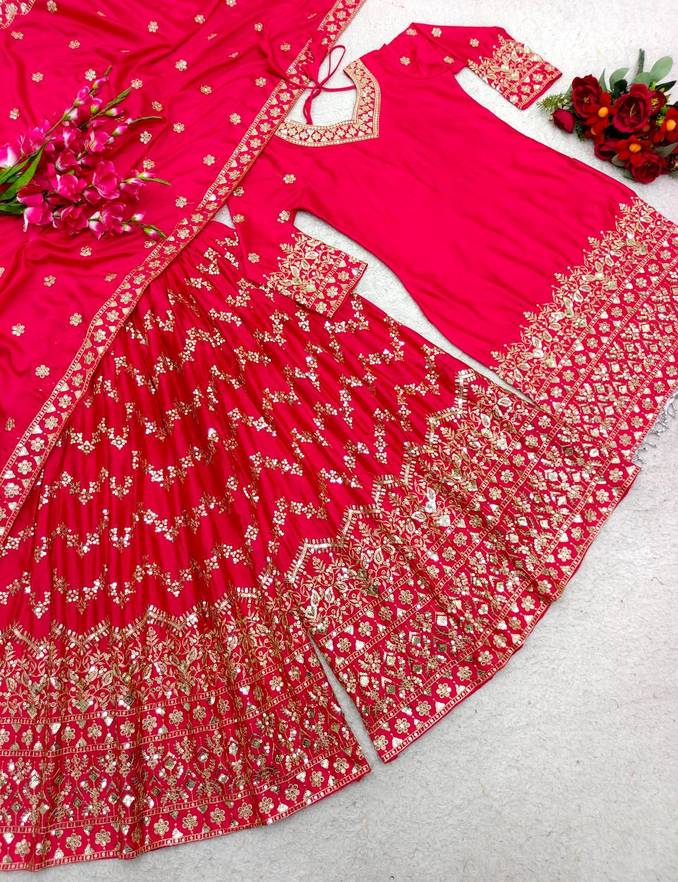 Marvelous Sequence Thread Work Pink Color Sharara Suit