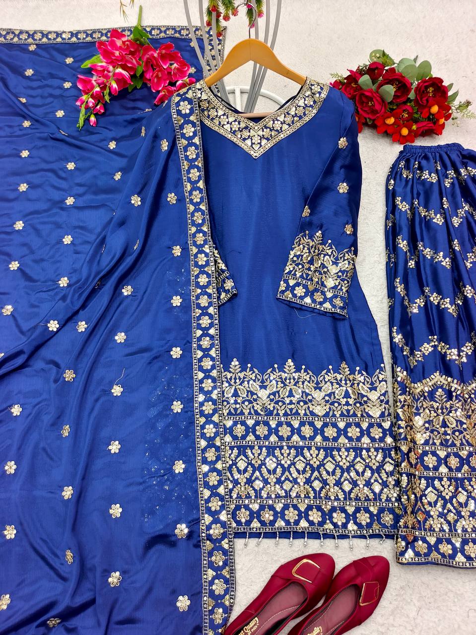 Marvelous Sequence Thread Work Blue Color Sharara Suit