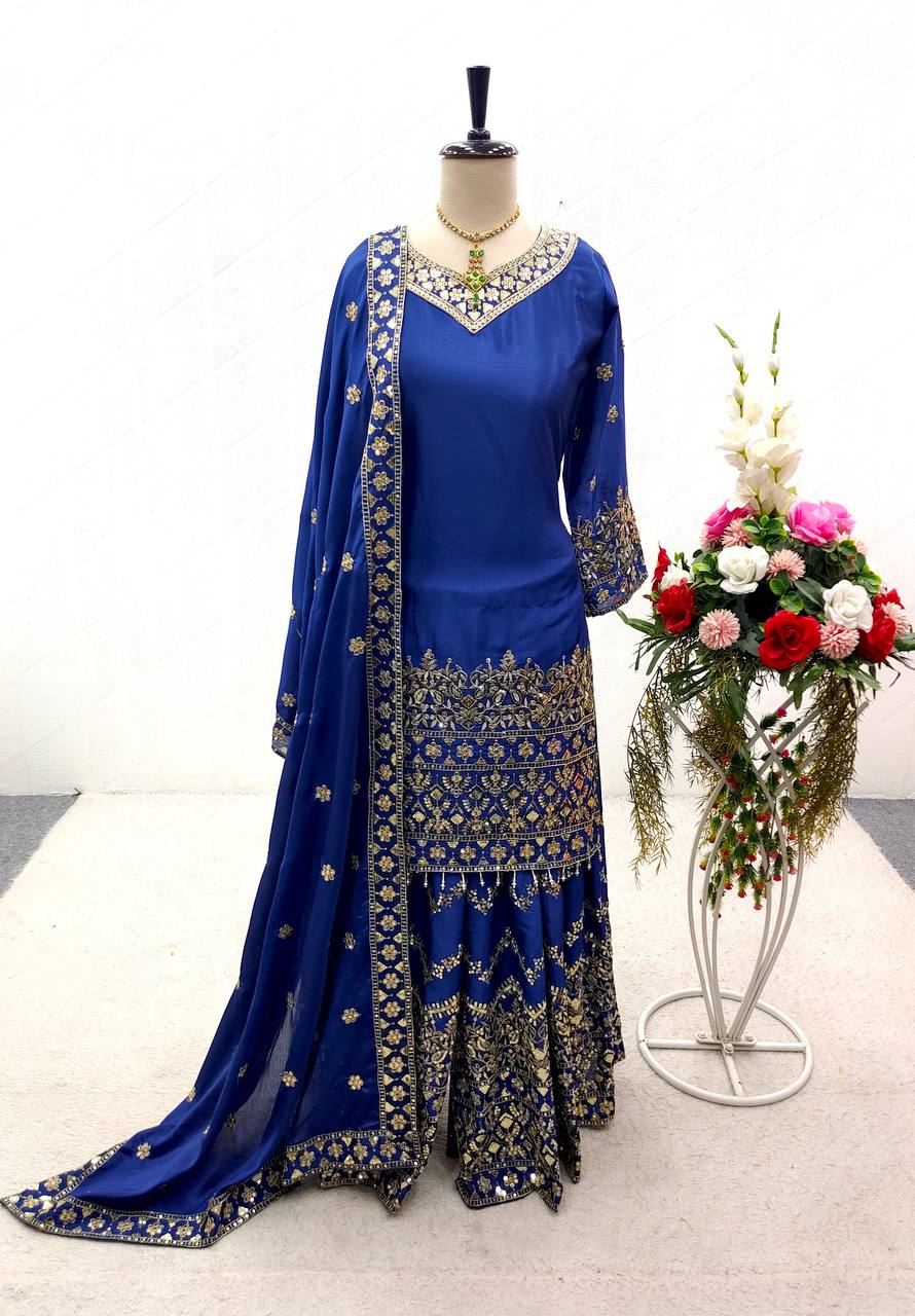 Marvelous Sequence Thread Work Blue Color Sharara Suit