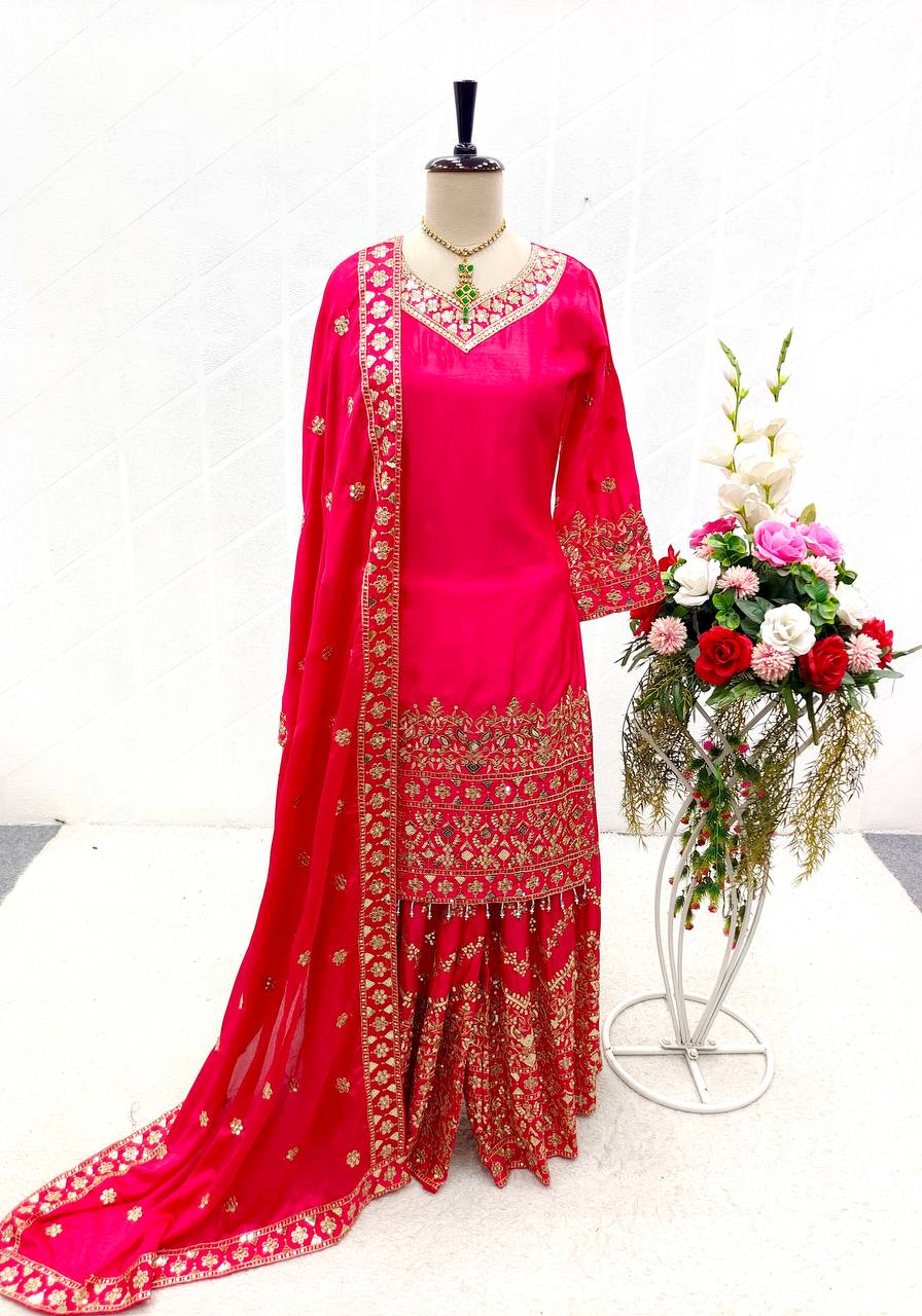 Marvelous Sequence Thread Work Pink Color Sharara Suit