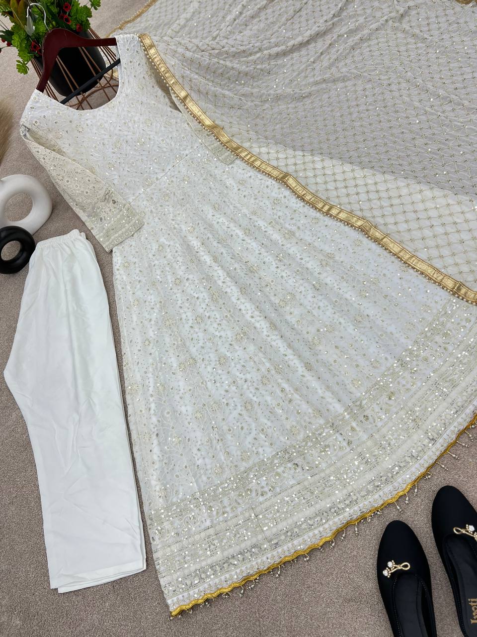 Party Wear White Color Embroidery Work Gown