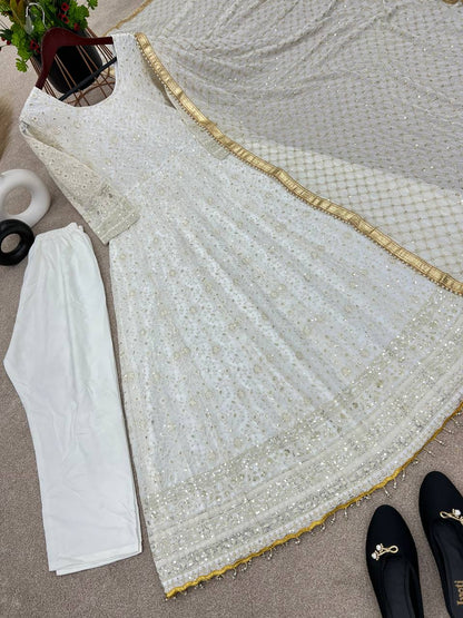 Party Wear White Color Embroidery Work Gown