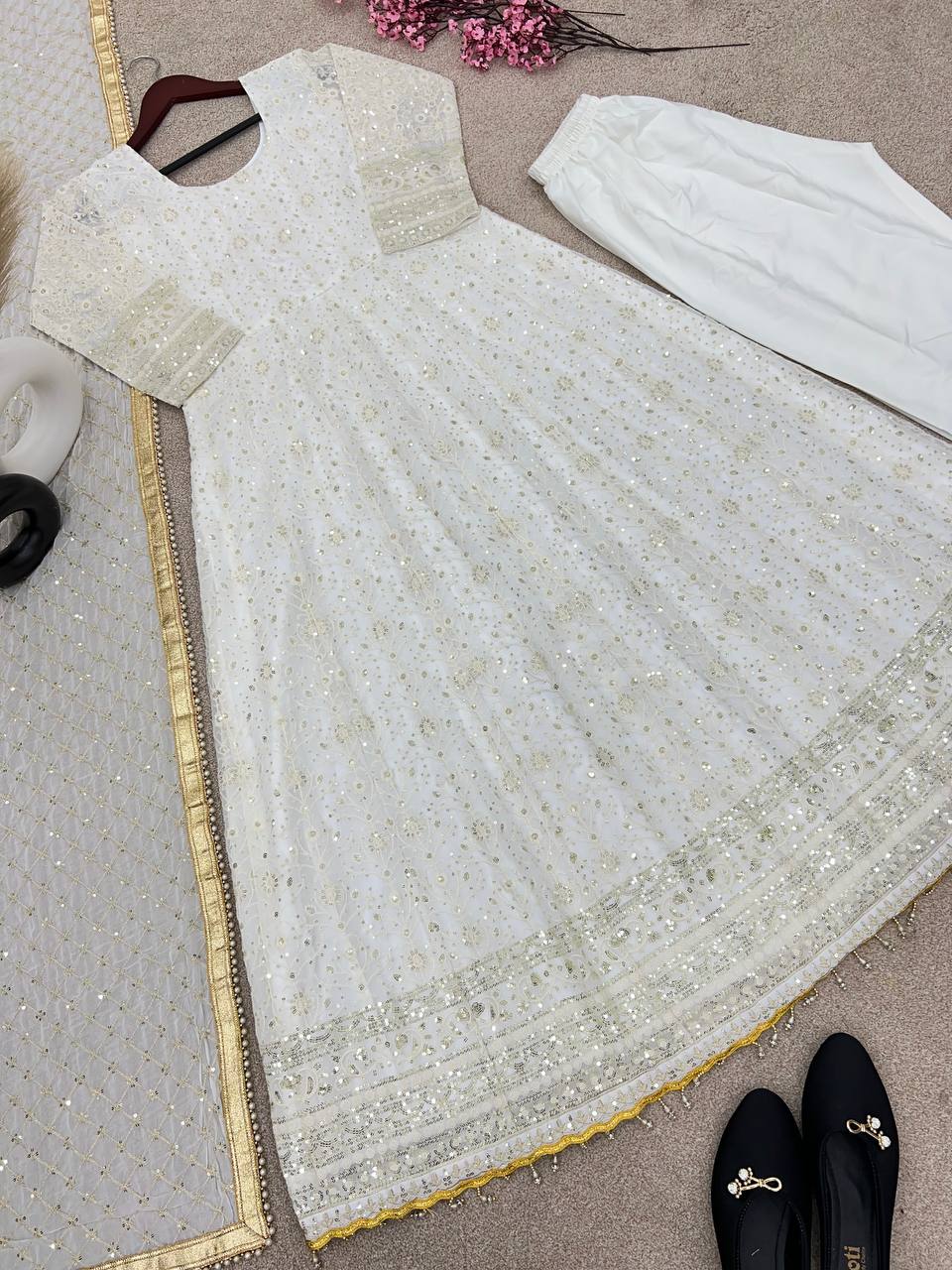 Party Wear White Color Embroidery Work Gown