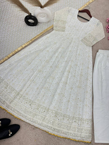 Party Wear White Color Embroidery Work Gown