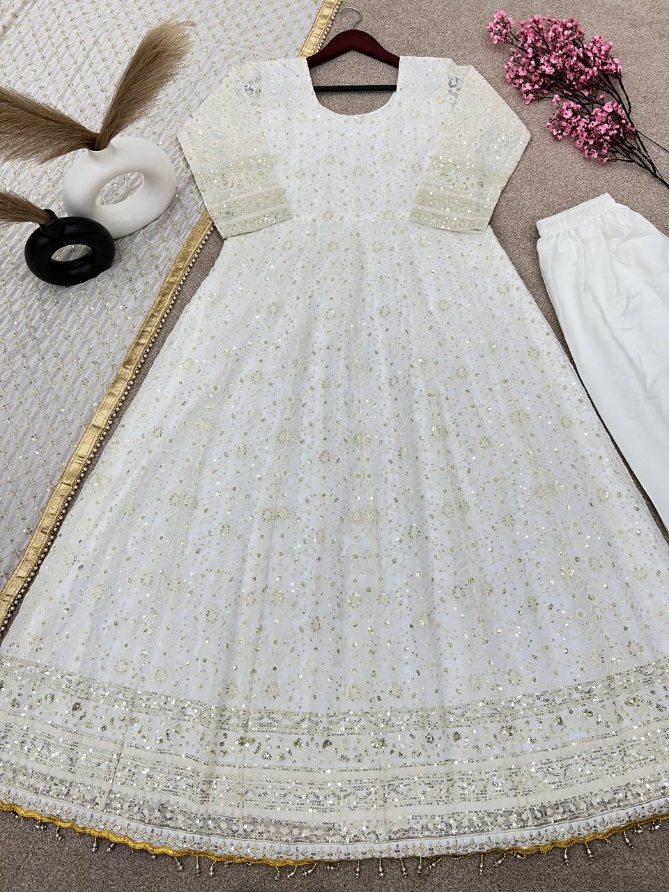 Party Wear White Color Embroidery Work Gown