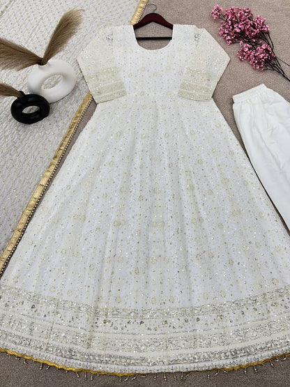 Party Wear White Color Embroidery Work Gown