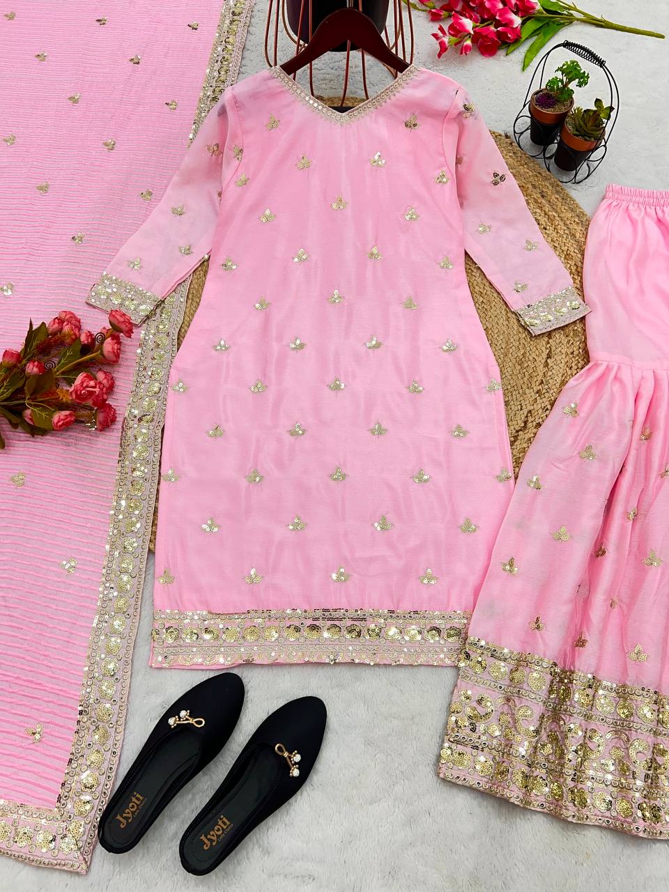 Embellished Embroidery Sequence Work Pink Sharara Suit