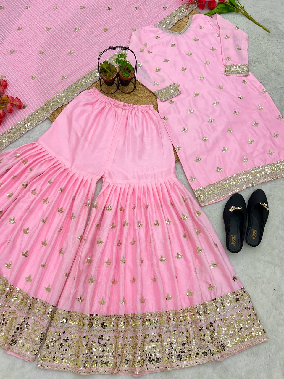 Embellished Embroidery Sequence Work Pink Sharara Suit