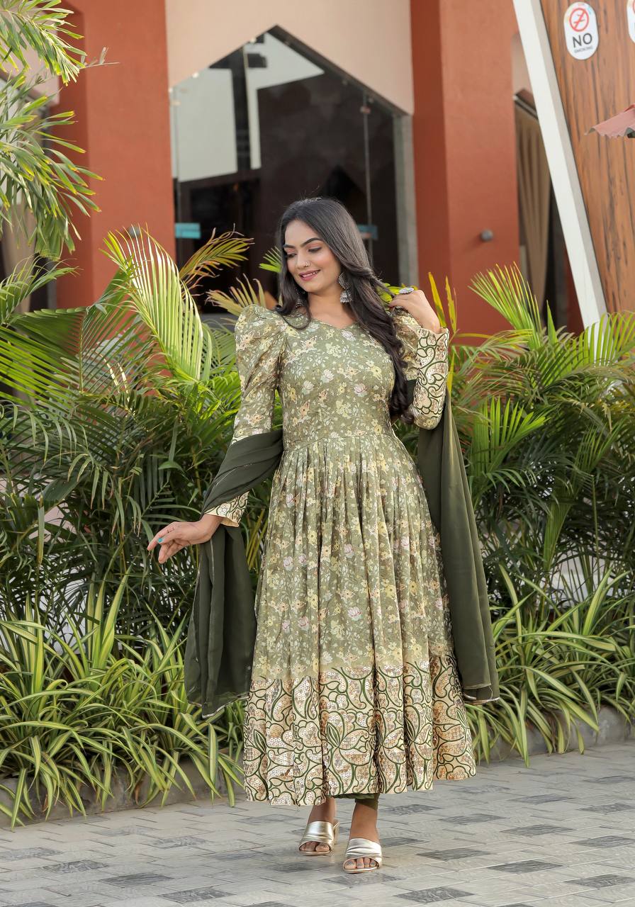 Digital Print With Multi Sequence Work Mehendi Anarkali Suit