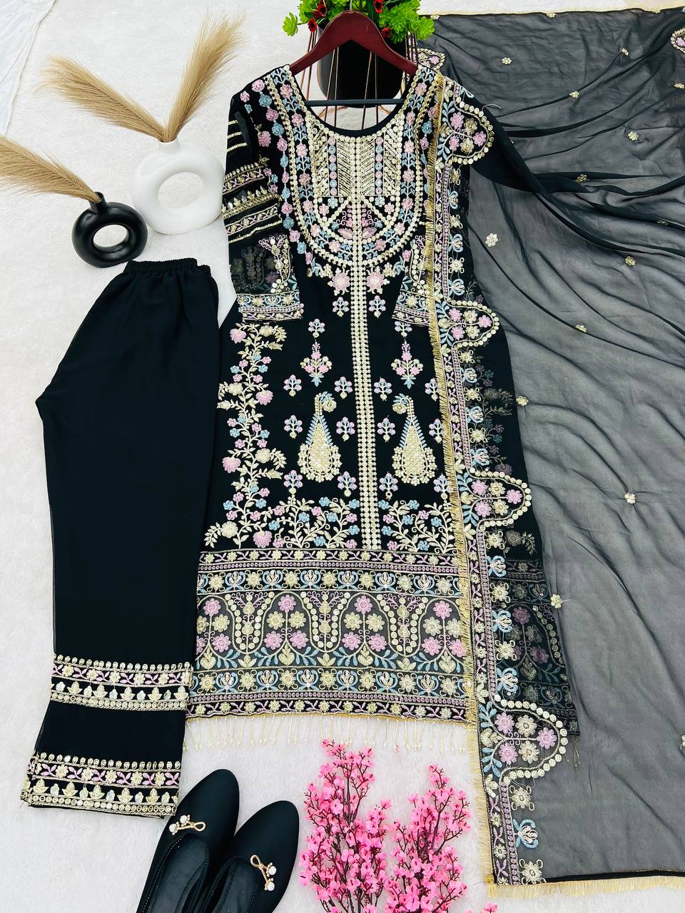 Awesome Sequence Work Black Kurti Pant With Dupatta