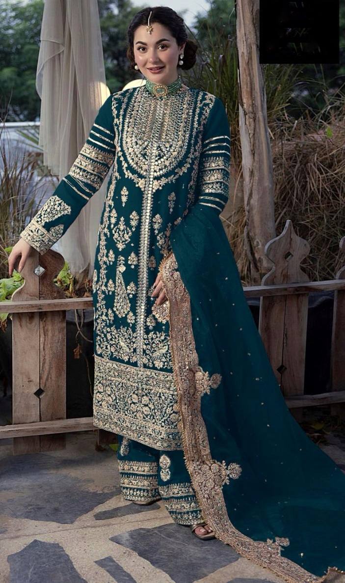 Awesome Sequence Work Teal Blue Kurti Pant With Dupatta