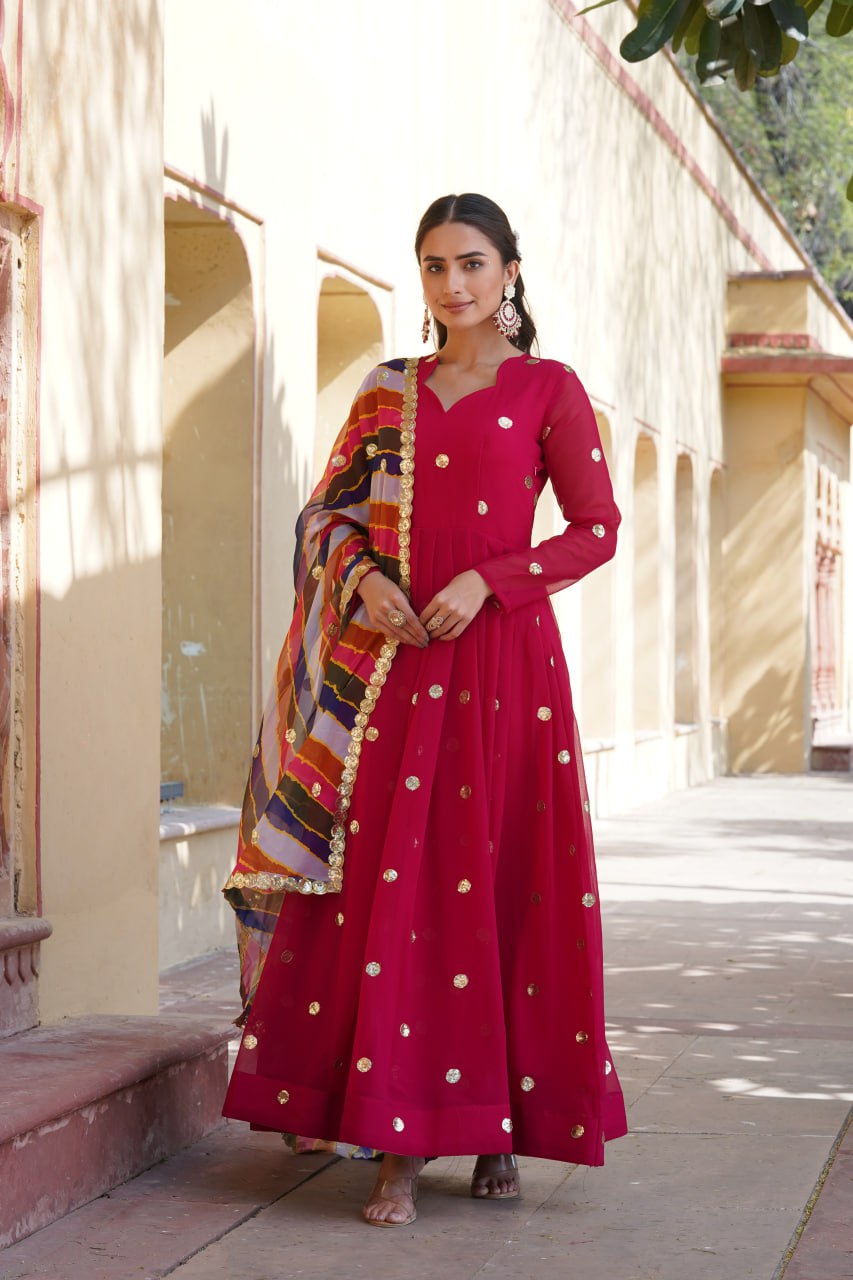 Function Wear Sequence Work Pink Gown With Multi Dupatta