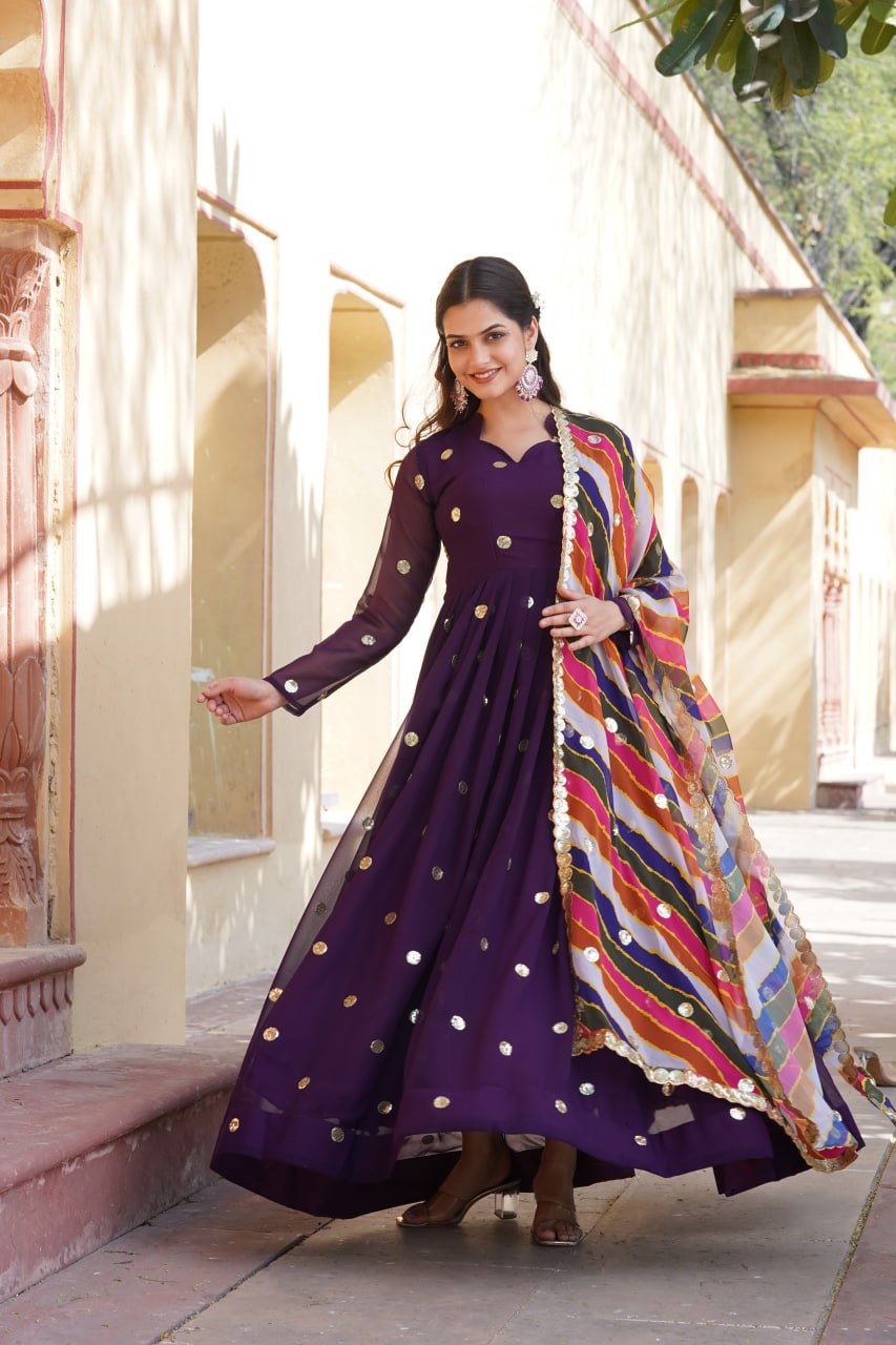 Function Wear Sequence Work Purple Gown With Multi Dupatta