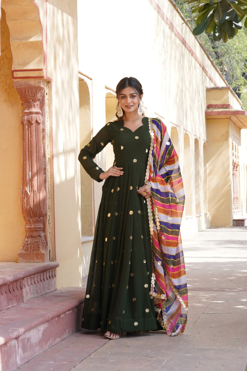 Function Wear Sequence Work Green Gown With Multi Dupatta