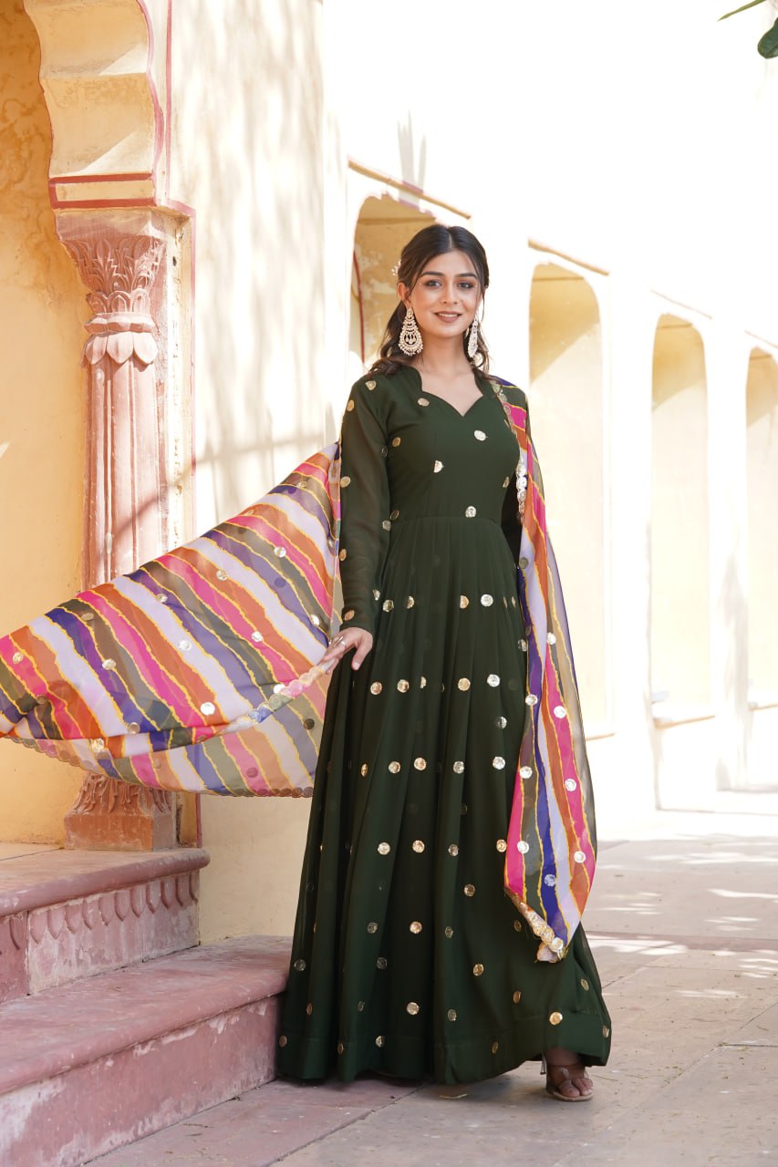 Function Wear Sequence Work Green Gown With Multi Dupatta