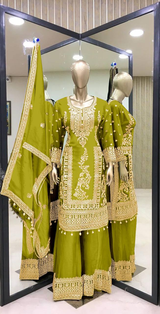 Embroidery Work Parrot Green Color Stylish Palazzo Suit