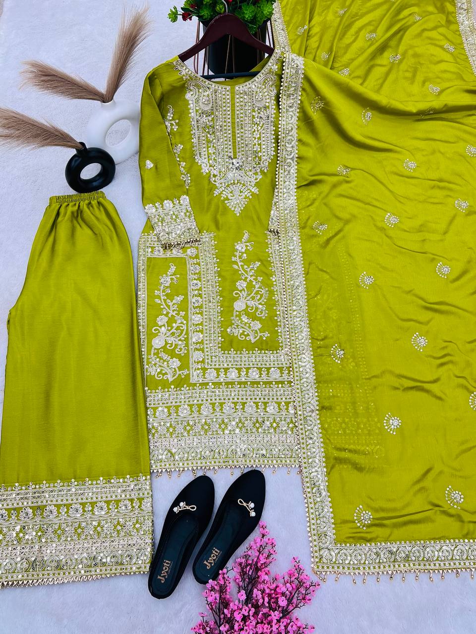 Embroidery Work Parrot Green Color Stylish Palazzo Suit