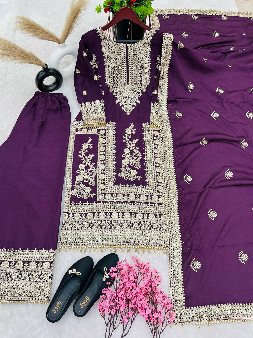 Embroidery Work Wine Color Stylish Palazzo Suit