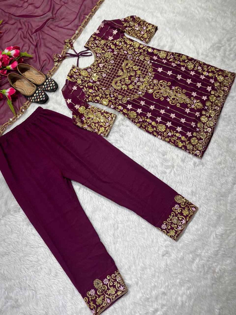 Festive Wear Wine Color Heavy Embroidery Sequence Work  Kurti Set