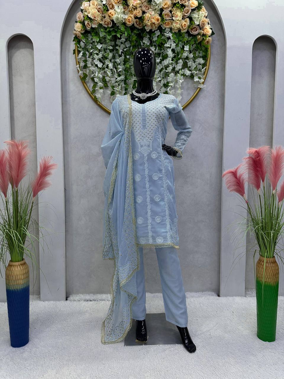 Thread With Lace Broder Sky Blue Kurti Pant With Dupatta