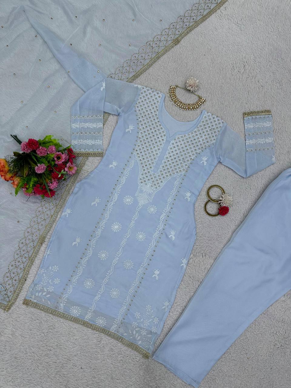 Thread With Lace Broder Sky Blue Kurti Pant With Dupatta