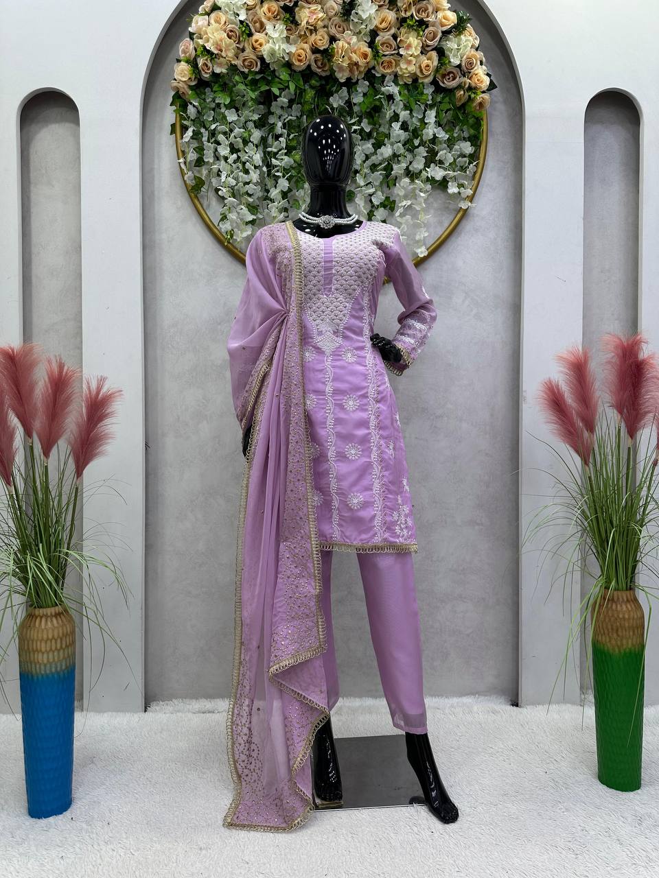 Thread With Lace Broder Lavender Kurti Pant With Dupatta