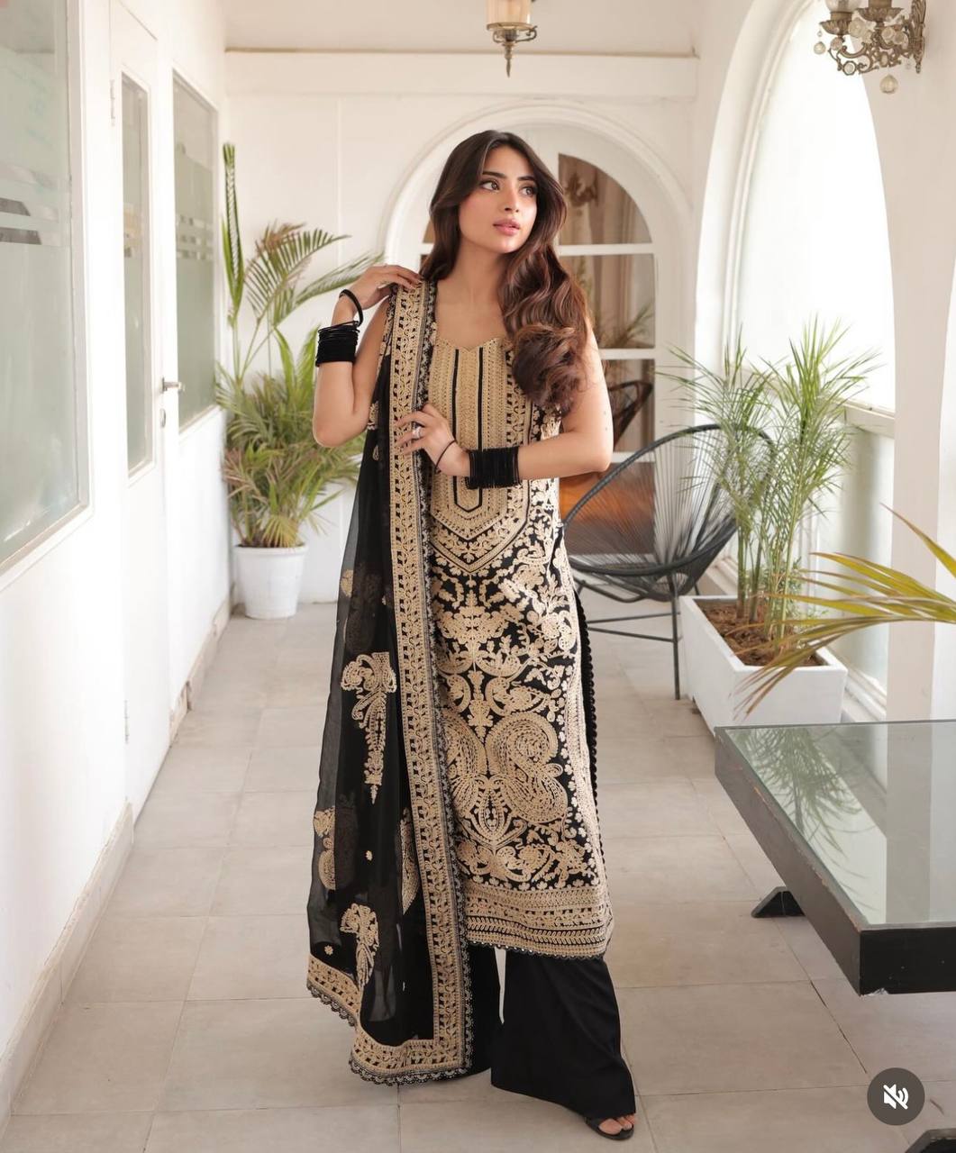 Stylish Shine Embroidery Work Black Color Palazzo Suit