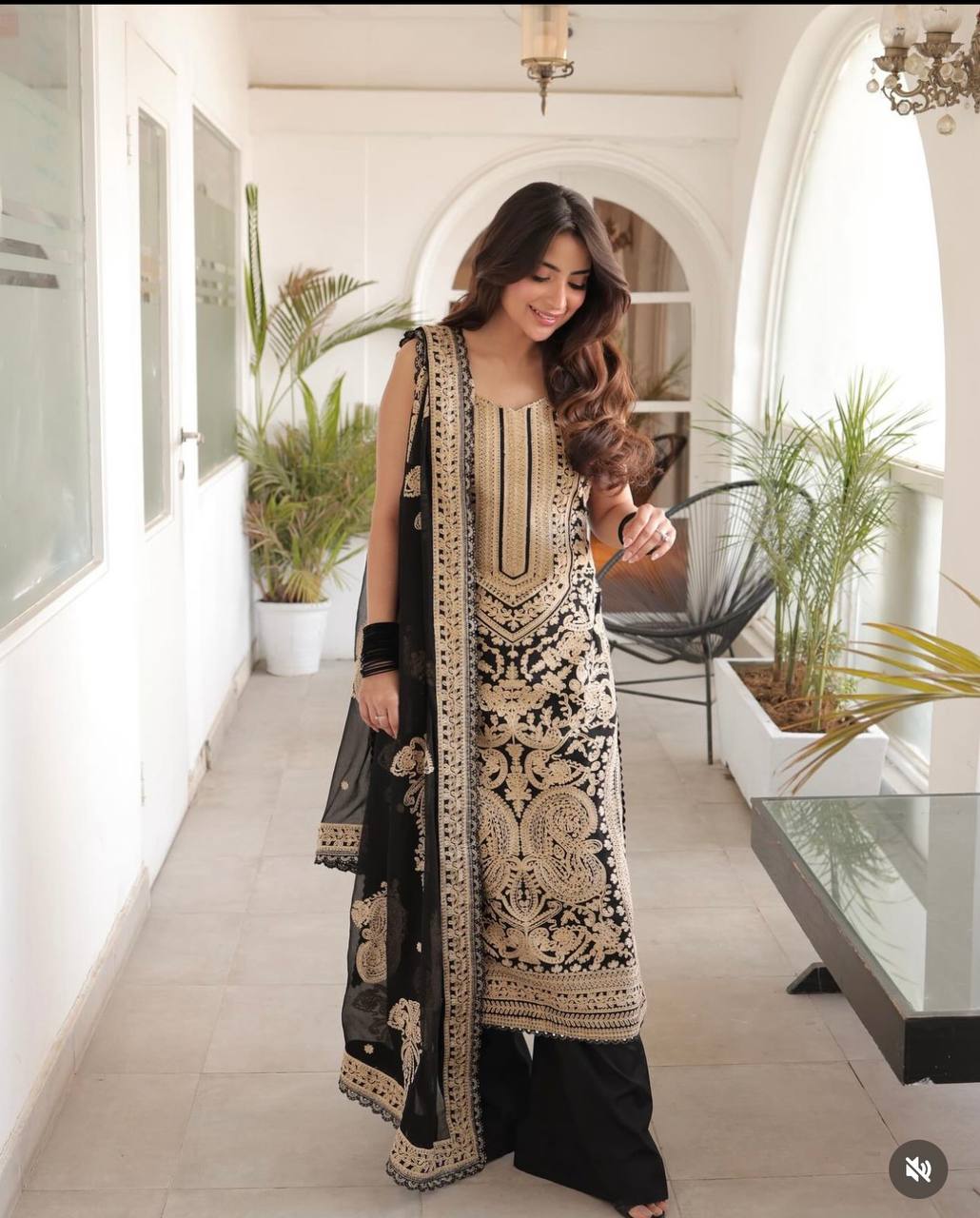 Stylish Shine Embroidery Work Black Color Palazzo Suit