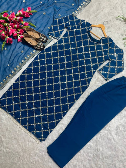 Blue Color Heavy Work Kurti Pant With Dupatta