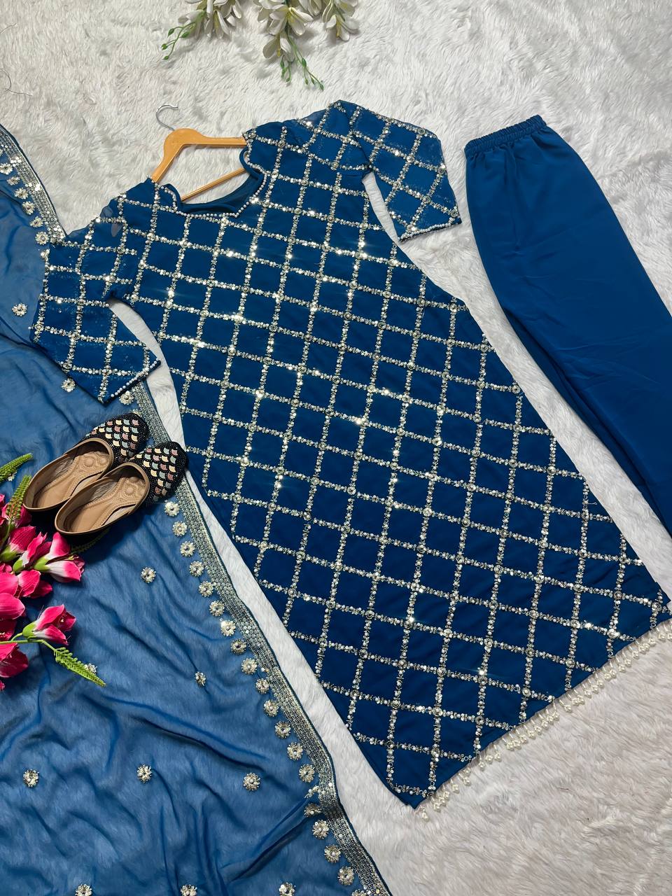 Blue Color Heavy Work Kurti Pant With Dupatta