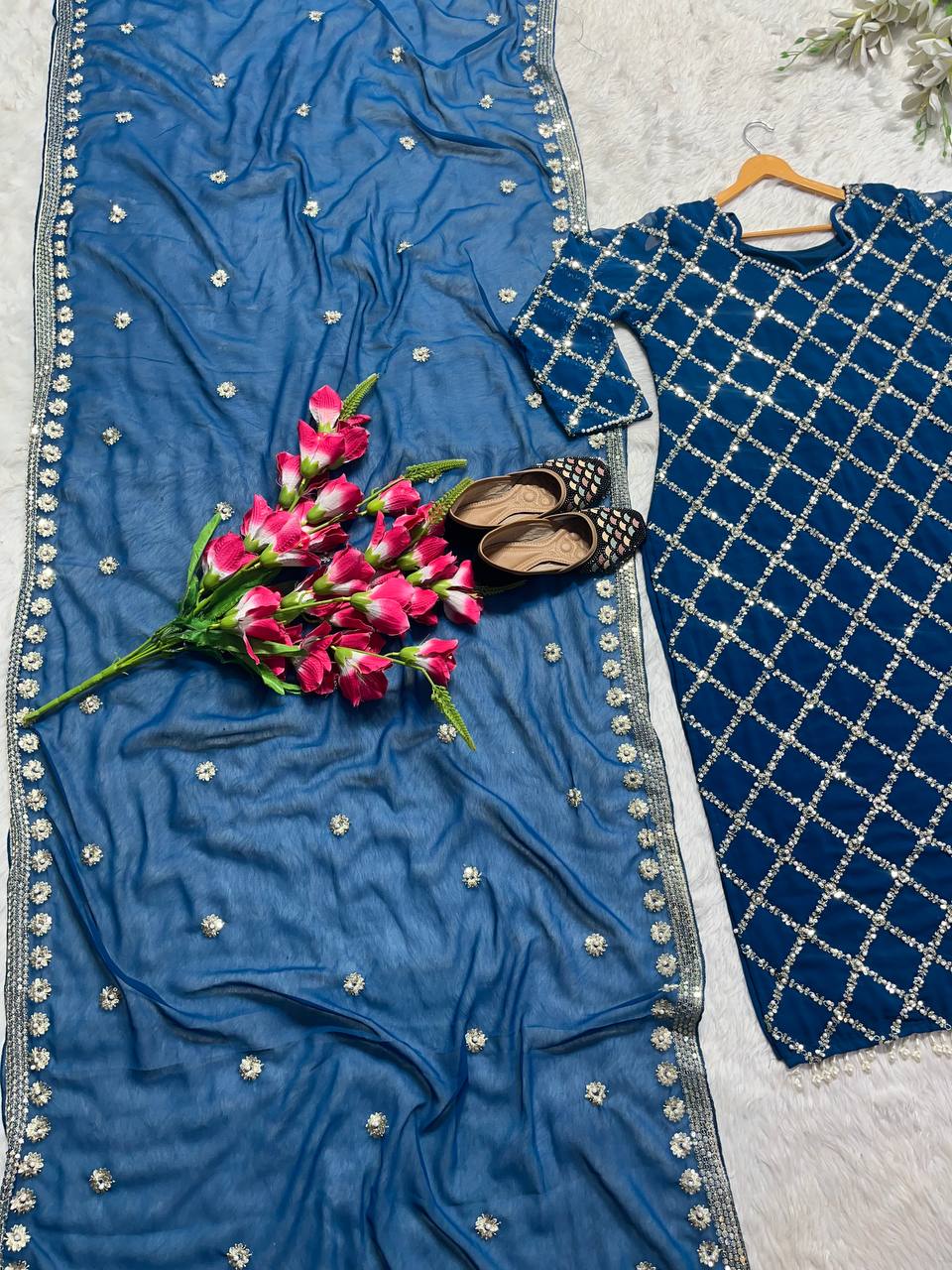 Blue Color Heavy Work Kurti Pant With Dupatta