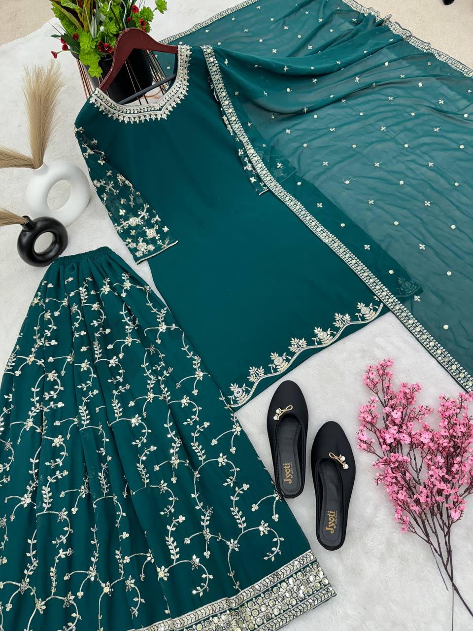 Teal Green Color Sequence Embroidery Sharara Suit