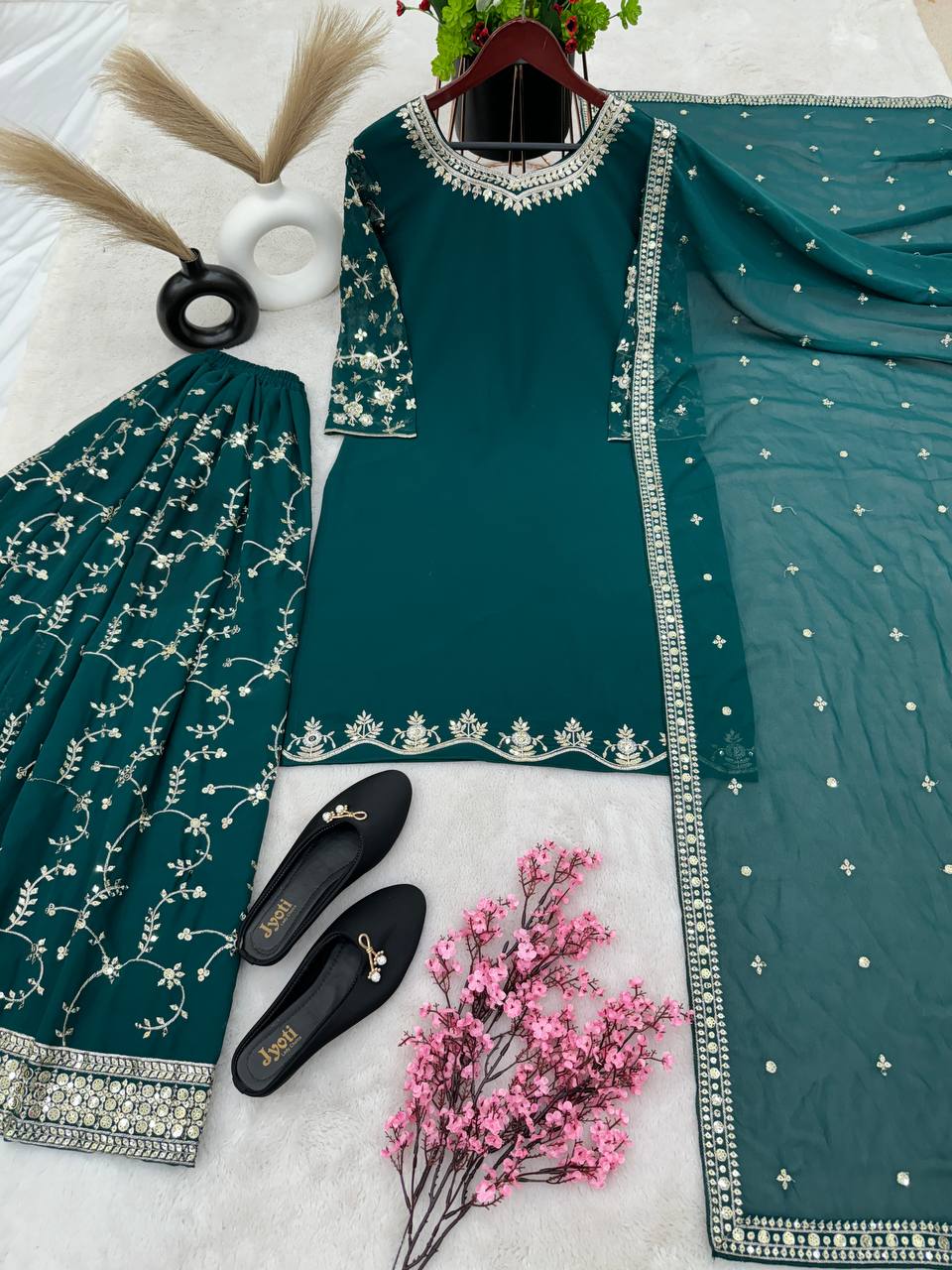 Teal Green Color Sequence Embroidery Sharara Suit