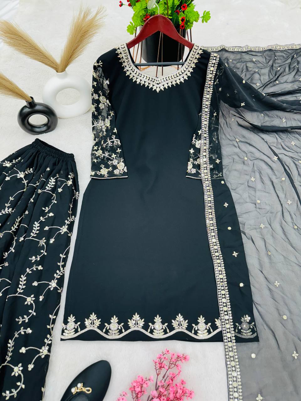 Black Color Sequence Embroidery Sharara Suit