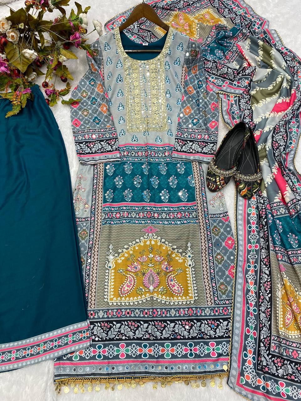 Presenting Multi Print With Work Teal Blue Color Palazzo Suit