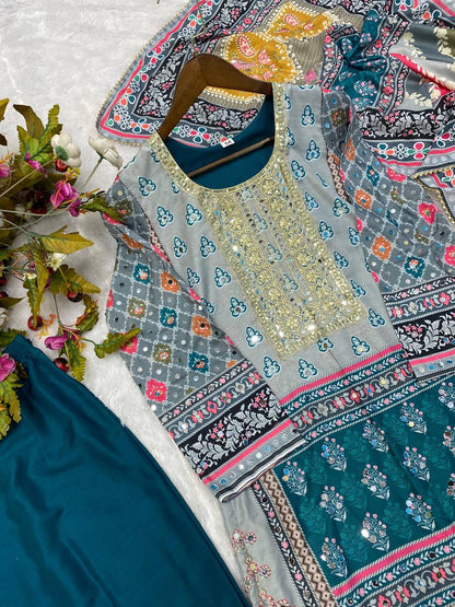 Presenting Multi Print With Work Teal Blue Color Palazzo Suit