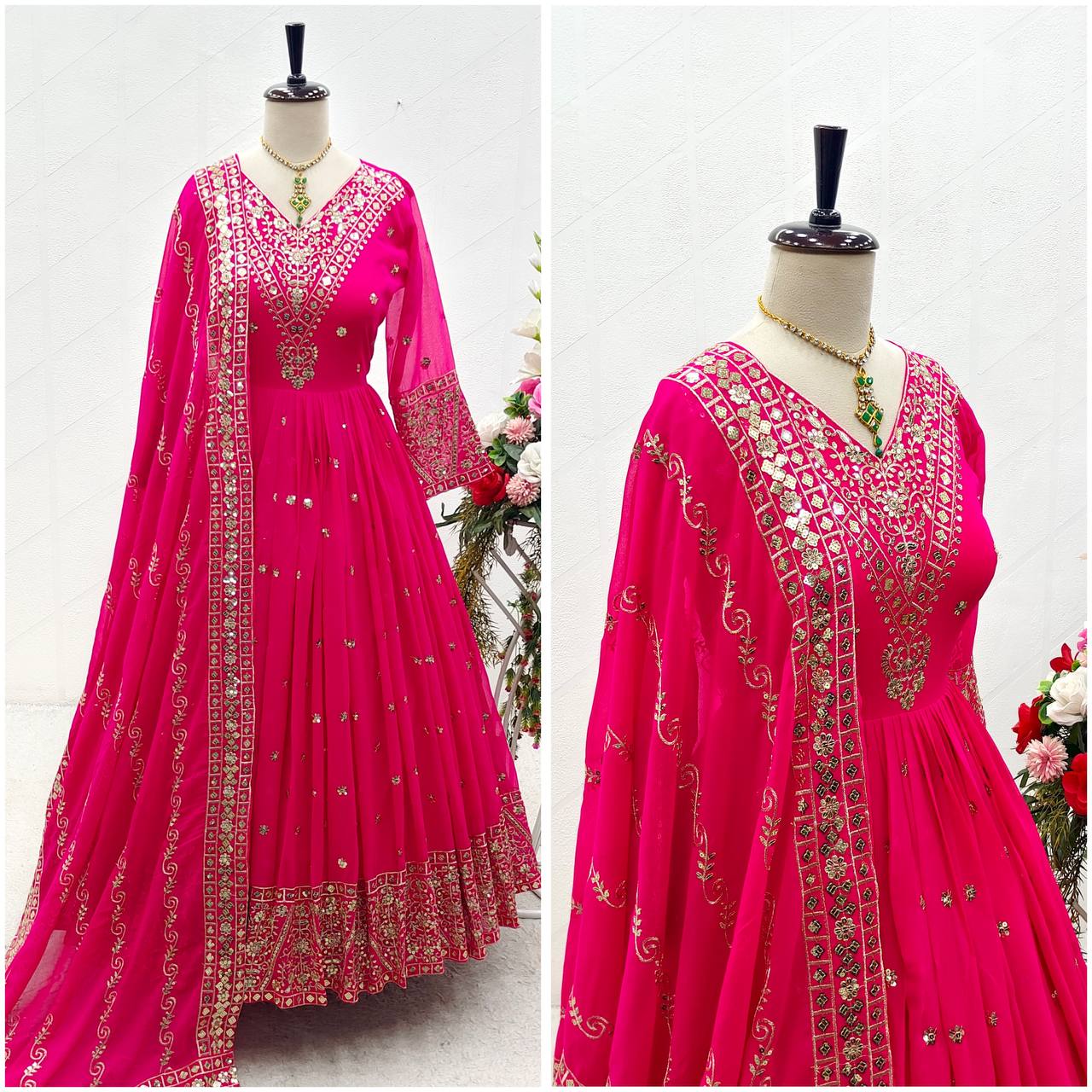 Glimmering Sequence Work Pink Color Festive Gown