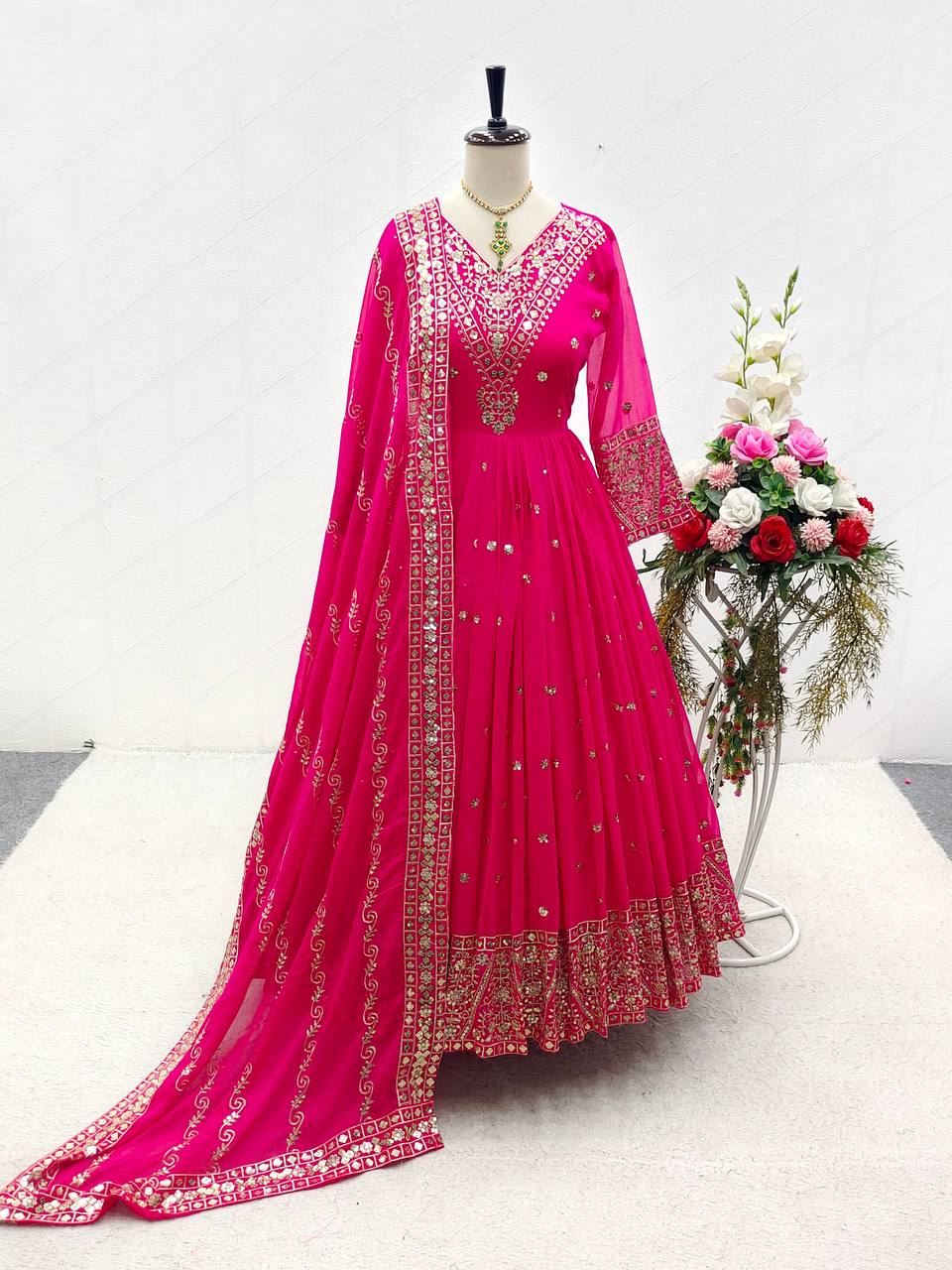 Glimmering Sequence Work Pink Color Festive Gown