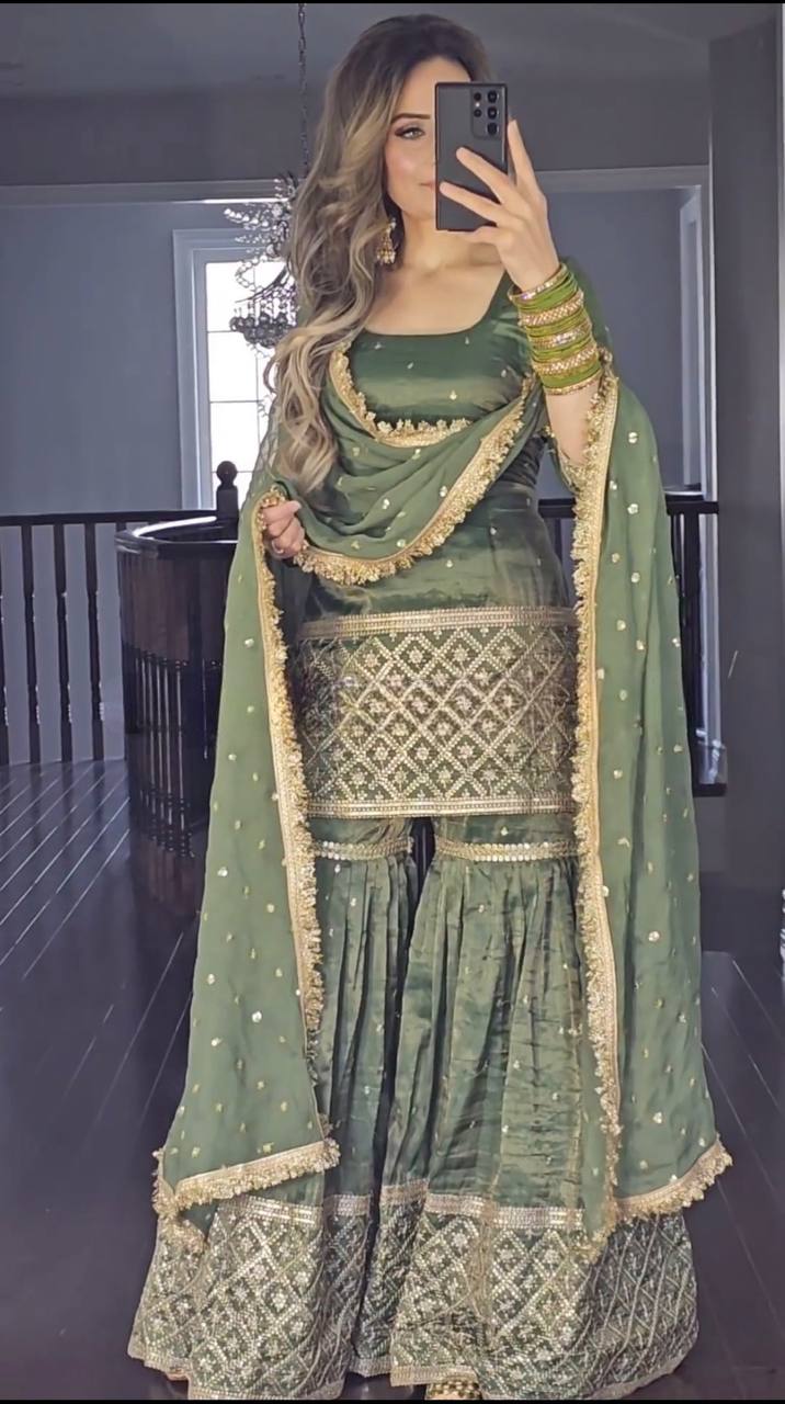 Pista Green Color Embroidery Sequence Work Fancy Sharara Suit