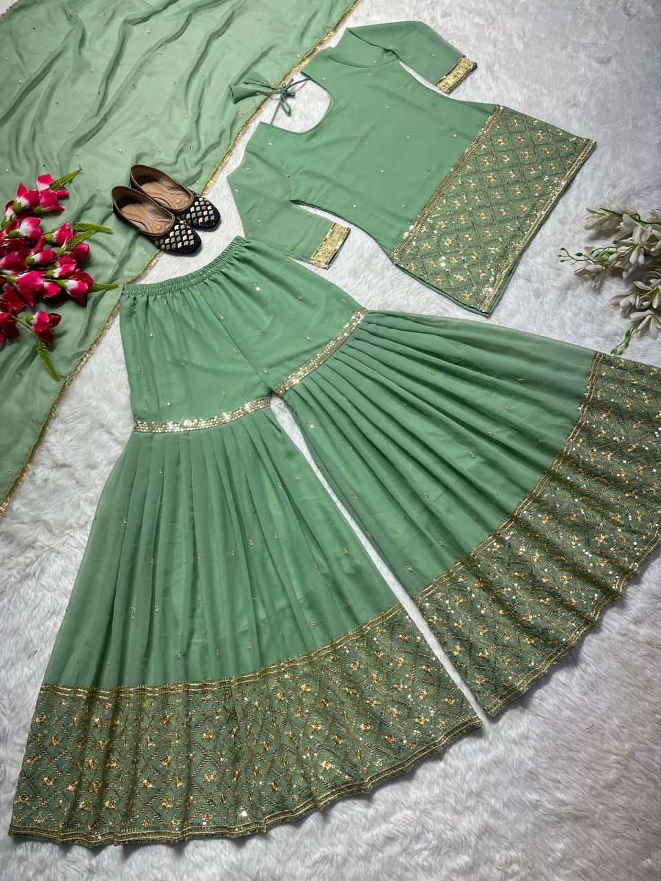 Pista Green Color Embroidery Sequence Work Fancy Sharara Suit